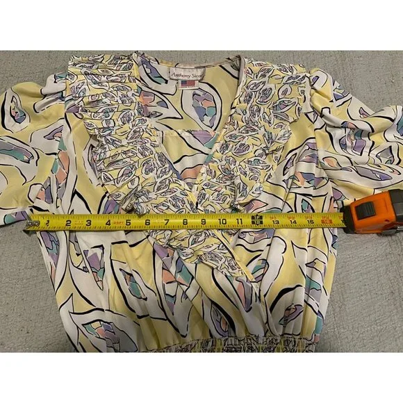 Vintage Anthony Sicari Ruffle Midi Dress Made in USA 80s Pastel Abstract Print P - Picture 3 of 12